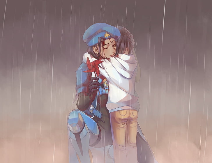 man hugging girl animated wallpaper, Overwatch, Pharah (Overwatch), rain, hugging, Ana (Overwatch), HD wallpaper