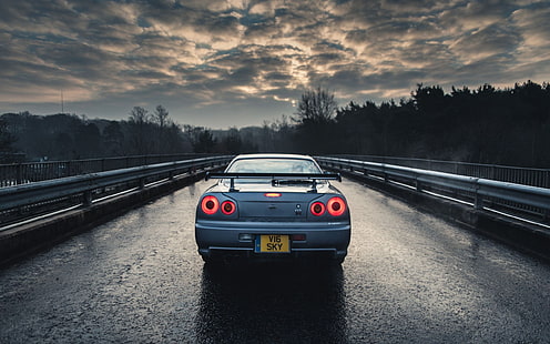 mobil biru, mobil, Nissan, Nissan Skyline GT-R R34, mobil biru, hujan, pohon, langit, Wallpaper HD HD wallpaper