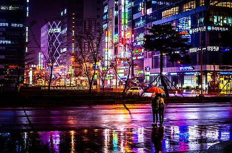 釜山、夜、通り、都市の景観、ネオン、雨、傘、反射、韓国、 HDデスクトップの壁紙 HD wallpaper