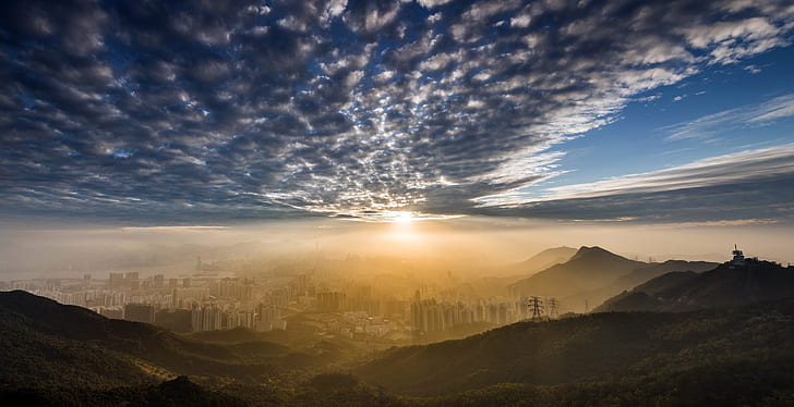 the city, morning, Kowloon Peak, HongKong, HD wallpaper