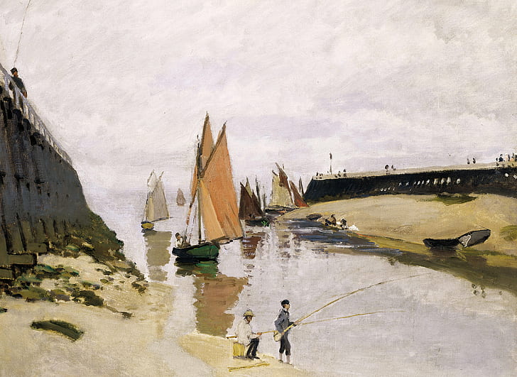 landskap, båt, bild, segel, fiskare, Claude Monet, ingången till hamnen i Trouville, HD tapet