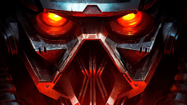 gray robot face illustration, killzone, helmet, light, metal, eyes, HD wallpaper