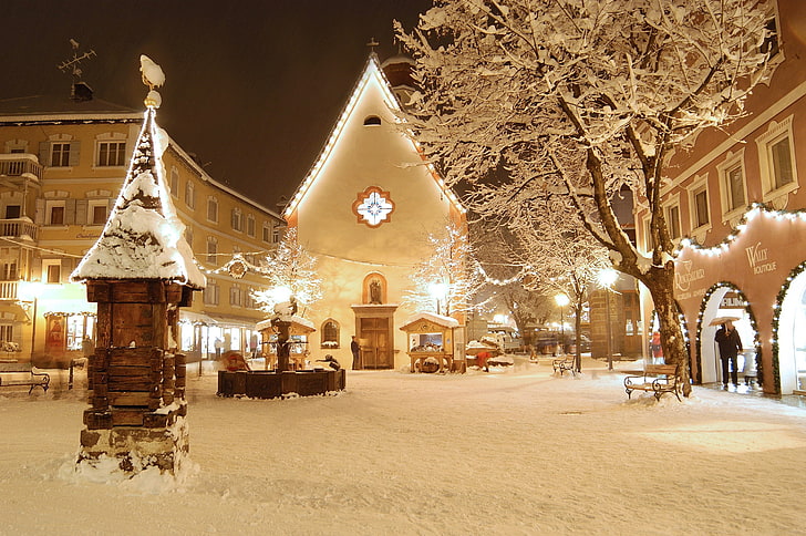 сняг, светлини, град, Коледа, нощ, HD тапет