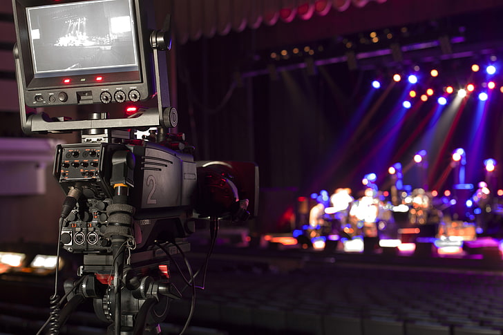 lights, scene, blur, devices, shooting, hall, colorful, hi-tech, bokeh, camcorder, wallpaper., technology, professional, rehearsal, lighting, concert, A TV camera, music, video, HD wallpaper