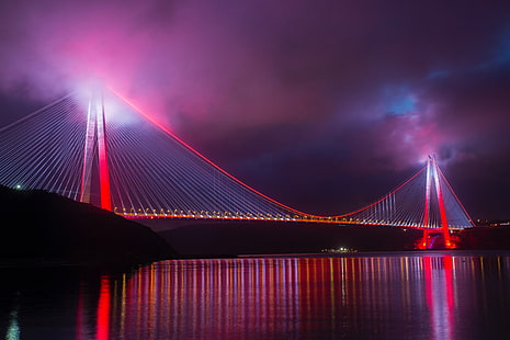 Стамбул, Фиолетовый, 5K, Турция, Ночь, Явуз Султан Селим, Висячий мост, HD обои HD wallpaper