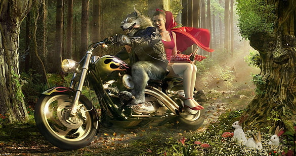 езда на вълк на круизен мотоциклет дигитален тапет, мотоциклет, фентъзи изкуство, дигитално изкуство, Червената шапчица, вълк, зайци, гора, HD тапет HD wallpaper
