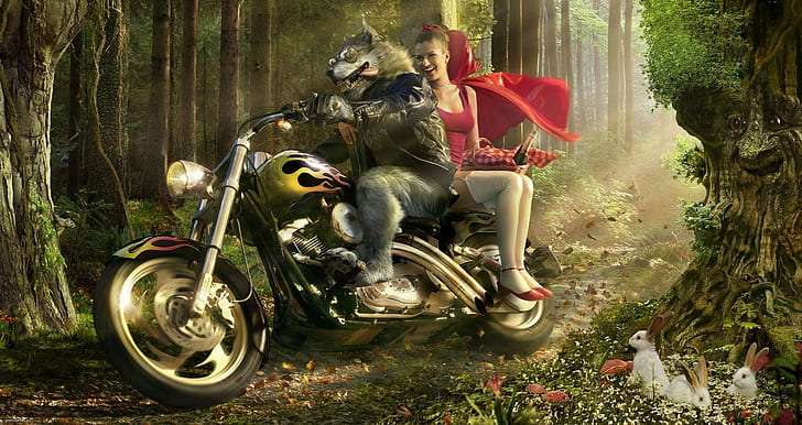 motorcycle, fantasy art, wolf, Little Red Riding Hood, rabbits, forest, digital art, HD wallpaper