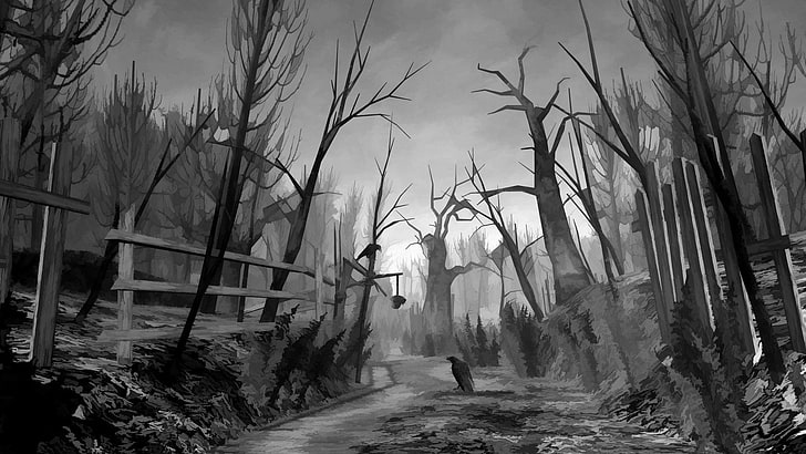 grayscale photo of bare trees, monochrome, digital art, trees, forest, birds, raven, dirt road, creepy, dark, branch, fence, crow, spooky, Resident Evil 4, HD wallpaper