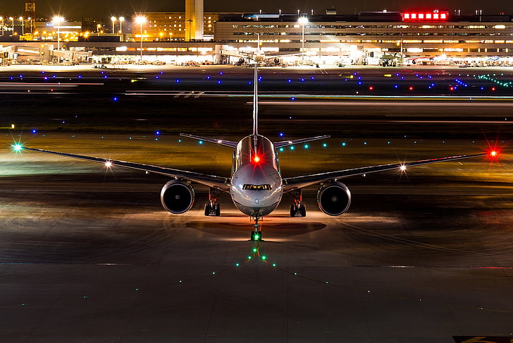 malam, lampu, lapangan terbang, Boeing 777-300ER, Wallpaper HD