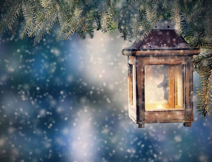 salju, dekorasi, pohon, Tahun Baru, Natal, lentera, Selamat Natal, Xmas, lilin, perayaan liburan, Wallpaper HD