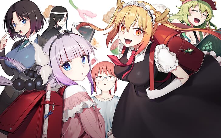 anime, anime girls, Tohru (Kobayashi-san Chi no Maid Dragon), Kanna Kamui (Kobayashi-san Chi no Maid Dragon), Quetzalcoatl (Kobayashi-san Chi no Maid Dragon), Kobayashi-san Chi no Maid Dragon, Kobayashi (Kobayashi-san Chi no Maid Dragon), Fafnir (Kobayashi-san Chi no Maid Dragon), Elma Jouii (Kobayashi-San Chi no Maid Dragon), 2D, drawing, digital art, blonde, blond hair, twintails, long hair, brown eyes, maid, horns, maid outfit, dragon girl, redhead, glasses, tail, red tie, HD wallpaper