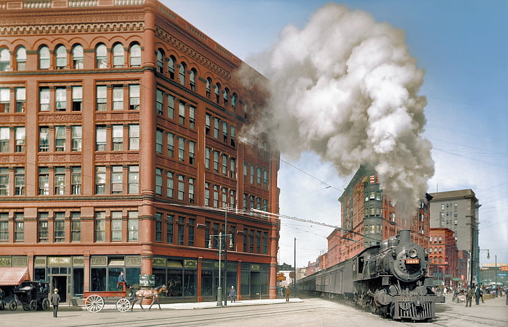 black metal train, steam locomotive, train, smoke, colorized photos, old photos, building, vintage, New York City, USA, hotel, street, horse, people, HD wallpaper