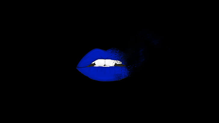 bibir, latar belakang gelap, latar belakang hitam, biru, minimalis, gigi, Wallpaper HD