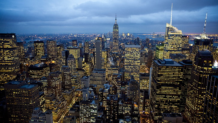 градски силует през нощта, градски пейзаж, град, светлини, сграда, Ню Йорк, HD тапет