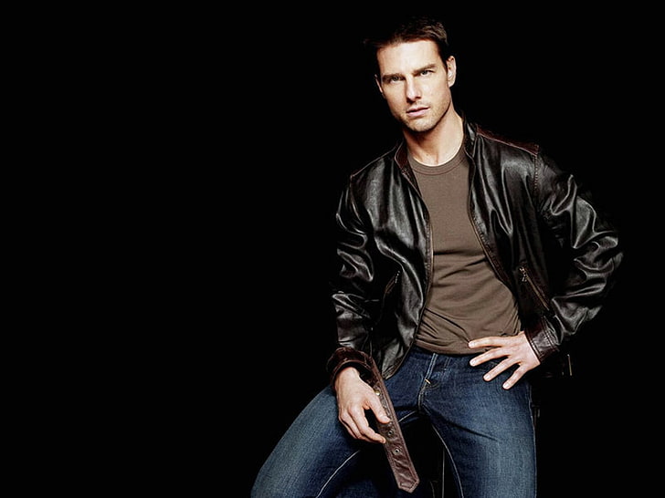 Tom Cruise, actor, men, portrait, jeans, leather jackets, brunette, HD wallpaper