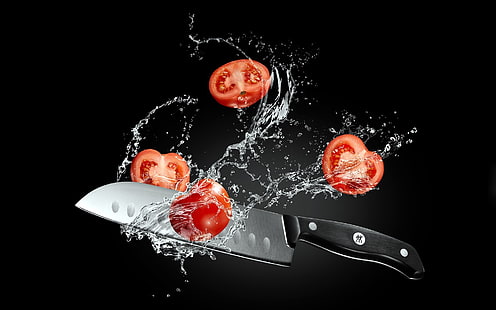 tomatoes, food, knife, HD wallpaper HD wallpaper