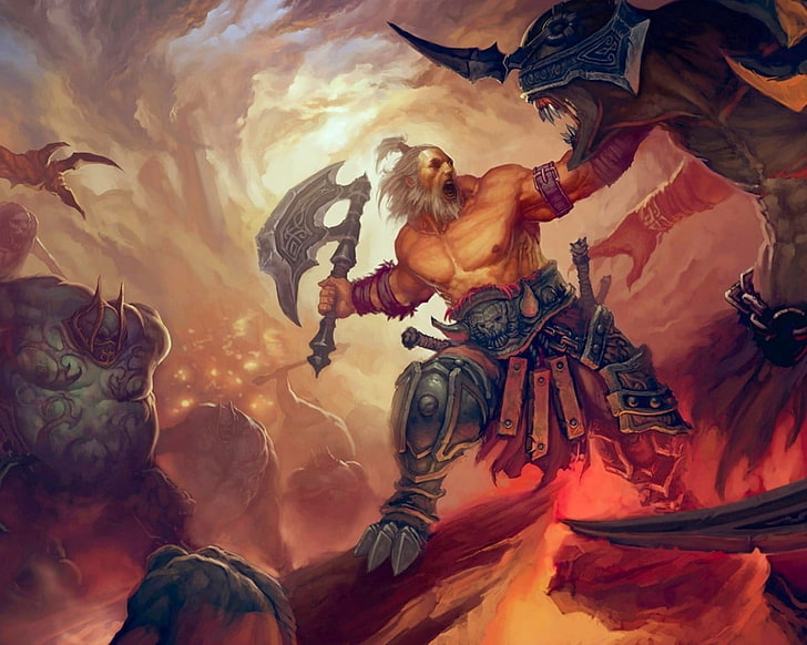 cartoon character holding axe, fantasy art, warrior, axes, attack, Diablo, video games, HD wallpaper