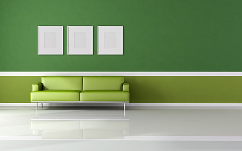 الجدار الأخضر والأريكة ، أريكة جلدية خضراء وثلاثة إطارات صور بيضاء مستطيلة ، أخرى ، خضراء ، أضواء ، حائط ، أريكة، خلفية HD HD wallpaper