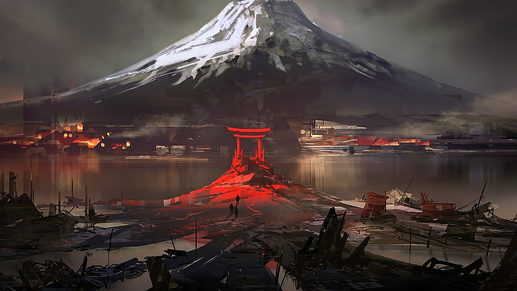 painting of Shinto gateway, videogame screenshot, Japan, Mount Fuji, digital art, nature, landscape, mountains, snow, winter, water, drawing, house, ruin, torii, HD wallpaper