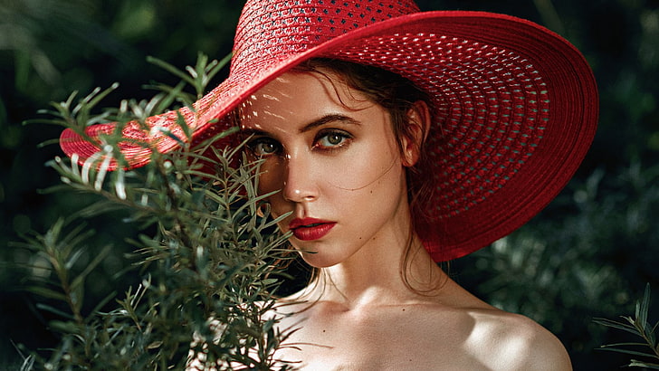 red, hat, face, women, red lipstick, Georgy Chernyadyev, Ksenia Kokoreva, HD wallpaper