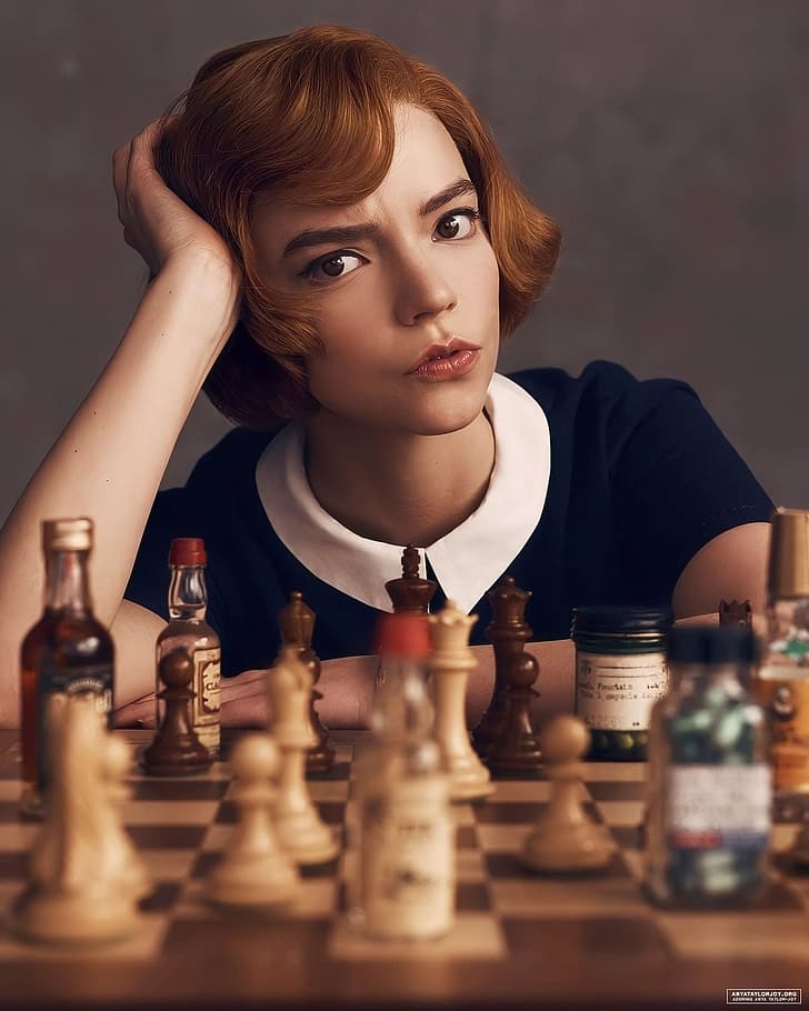 Аня Тейлор-Джой, девушки, актриса, рыжая, короткие волосы, Королевский гамбит, шахматы, сериал, простой фон, HD обои, телефон обои