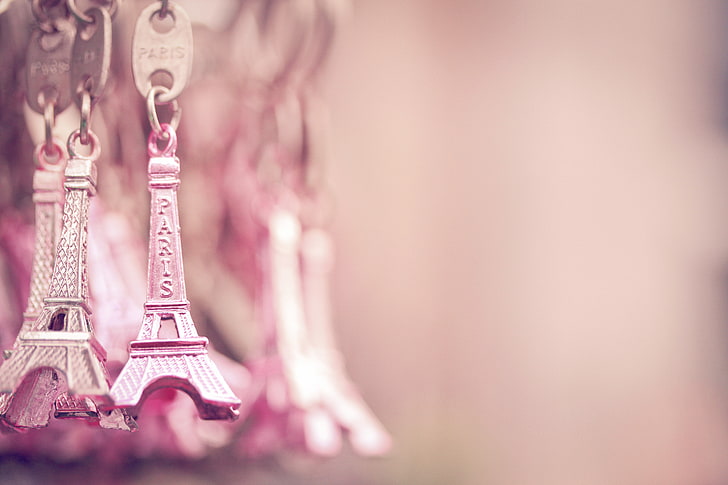 two silver-colored Eiffel Tower key chains, Paris, Eiffel tower, pink, gold, La tour Eiffel, trinkets, HD wallpaper