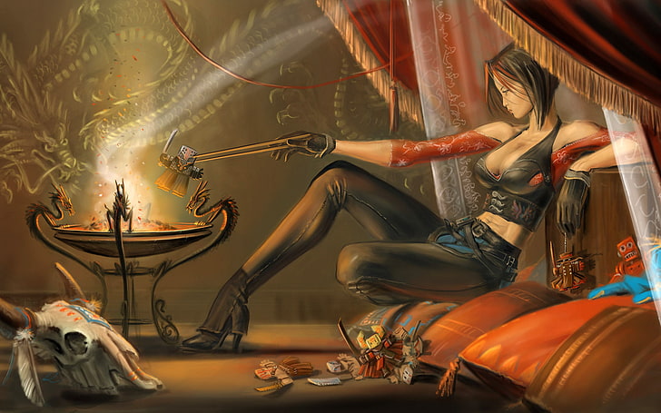 woman sitting in front of fire pit digital wallpaper, doll, voodoo, Blood Rayne, HD wallpaper