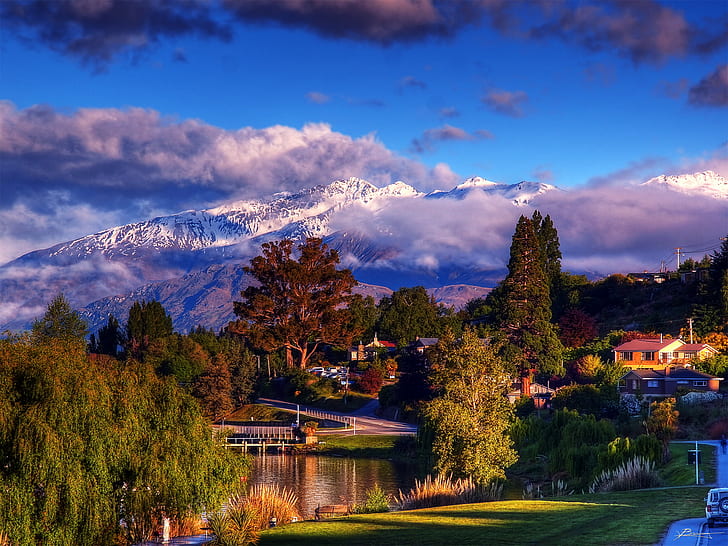 village house beside  body of water near snow covered mountain, wanaka, wanaka, wanaka, village, house, body of water, snow, mountain, nz, new  zealand, city, street, lake  view, clouds, sky, trees, grass, houses, hotels, morning, spring, sunrise, reflections, dex, nature, tree, outdoors, landscape, scenics, autumn, summer, lake, forest, beauty In Nature, travel, HD wallpaper