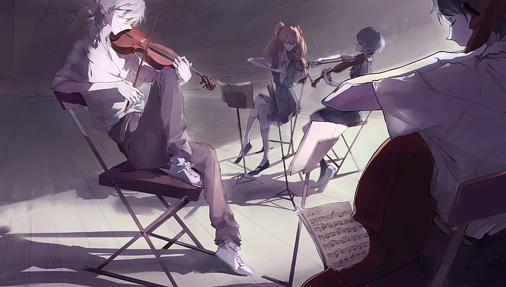 personajes de anime tocando bocetos de instrumentos musicales, Neon Genesis Evangelion, Ayanami Rei, Asuka Langley Soryu, Ikari Shinji, Kaworu Nagisa, Fondo de pantalla HD