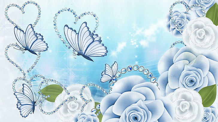 Blue Rose Valentine, rosas, flores, coração, brilhos, dia dos namorados, azul, verão, borboletas, jóias, 3d e abstrato, HD papel de parede