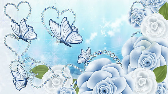 Голубая роза Валентина, розы, цветы, сердце, блестки, день святого валентина, синий, лето, бабочки, драгоценности, 3d и аннотация, HD обои HD wallpaper