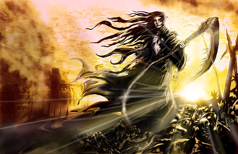 grim reaper illustration, girl, death, fiction, fire, flame, the wind, hair, art, skull, braid, HD wallpaper HD wallpaper