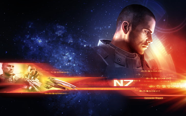 Tapeta z gry N7, Mass Effect 3, Commander Shepard, twarz, przestrzeń, grafika, Tapety HD