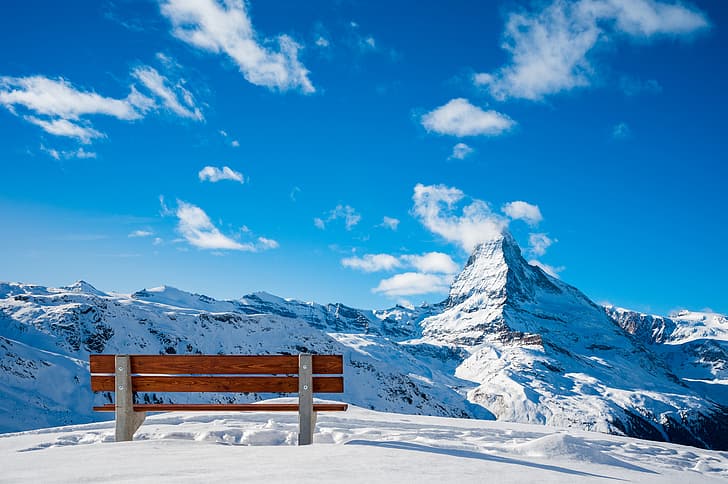 snow, mountains, Switzerland, bench, Zermatt, HD wallpaper