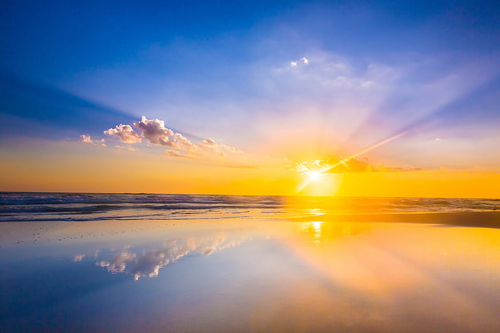 glassy body of water and sunlight, sea, wave, beach, the sun, clouds, reflection, sunrise, mirror, horizon, HD wallpaper