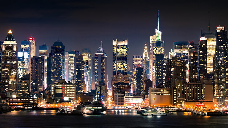 lighted buildings, city, new york, manhattan, night, HD wallpaper