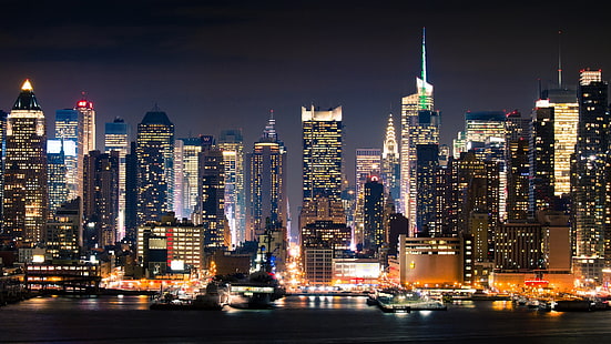 edificios iluminados, ciudad, nueva york, manhattan, noche, Fondo de pantalla HD HD wallpaper