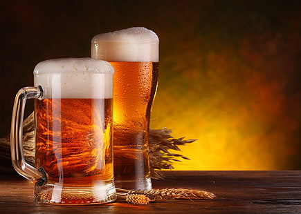 прозрачна стъклена халба за бира, пяна, маса, чаша, бира, халба, уши, HD тапет HD wallpaper