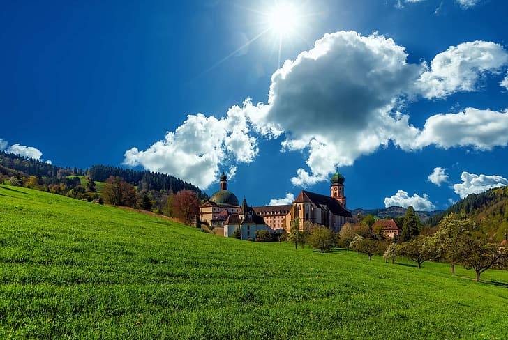 the sky, clouds, Germany, meadow, the monastery, Baden-Württemberg, Abbey, Munstertal, Muenstertal, St. Trudpert Abbey, HD wallpaper