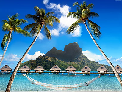 Polinesia francesa, palmeras, descanso, reservas, playa, Bora Bora, Mejores hoteles de 2017, vacaciones, montañas, hamacas, 4k, Mejores playas de 2017, viajes, 5k, océano, Fondo de pantalla HD HD wallpaper
