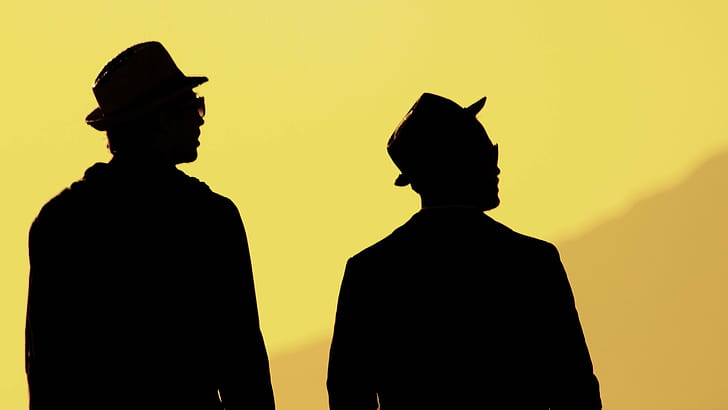silhouette of two man with yellow background, Dúo, silhouette, two man, yellow, background, hombres, dos, sombreros, duo, amarillo, gafas, men, hats, sunset, profiles, sync, symmetry, glasses, goggles, foto, imagen, fotografia, pic, photo, photography, image, photographer, people, illustration, HD wallpaper