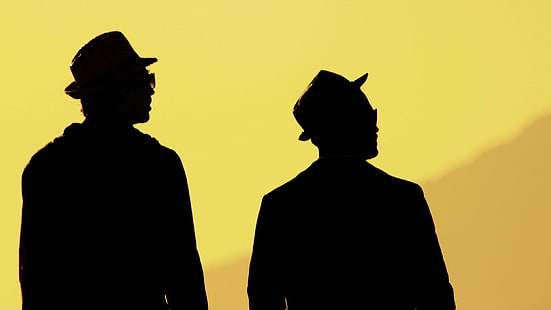silhouette of two man with yellow background, Dúo, silhouette, two man, yellow, background, hombres, dos, sombreros, duo, amarillo, gafas, men, hats, sunset, profiles, sync, symmetry, glasses, goggles, foto, imagen, fotografia, pic, photo, photography, image, photographer, people, illustration, HD wallpaper HD wallpaper