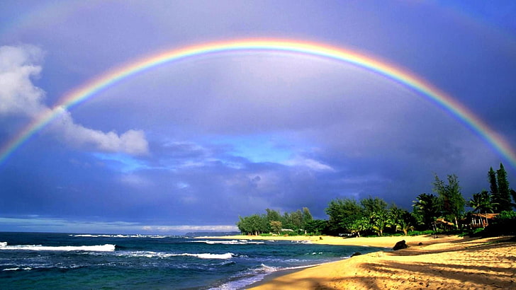 пляжи, гавайи, радуга, море, HD обои