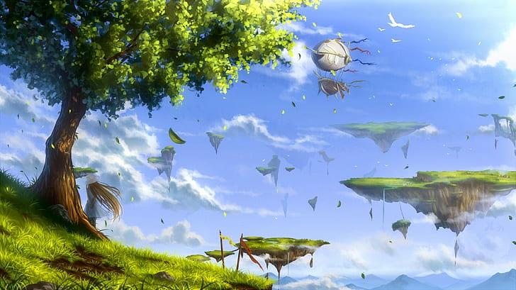 anime, pájaros, hojas, árboles, isla flotante, Fondo de pantalla HD