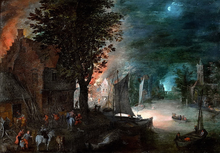 landscape, picture, Jan Brueghel the younger, A fire in the Village, HD wallpaper