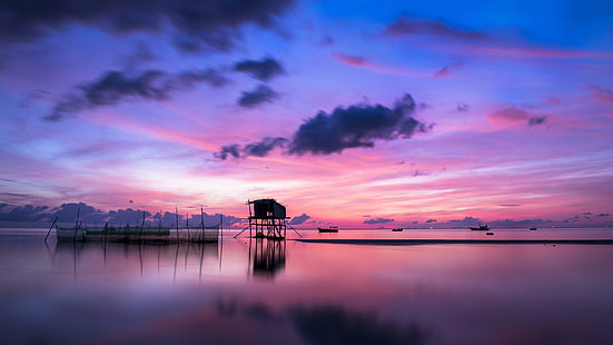 рассвет, живописный, потрясающий, Вьетнам, розовое небо, атмосфера, фиолетовое небо, утро, облако, небо, море, вода, красивый, бунгало, спокойствие, восход солнца, горизонт, отражение, HD обои HD wallpaper