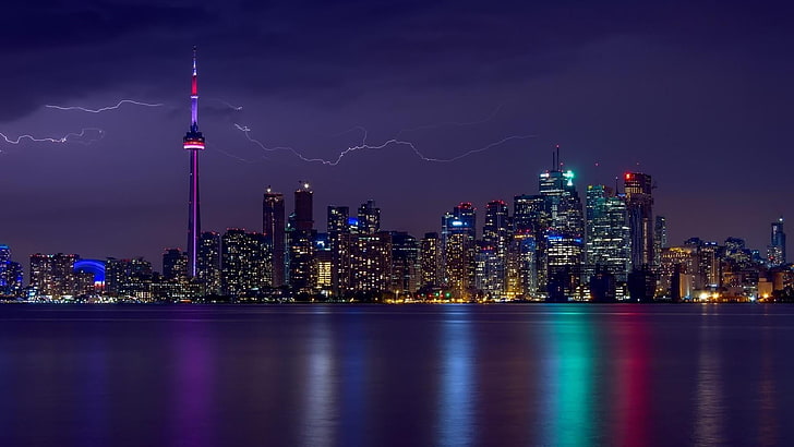 paysage urbain, foudre, ville, Horizon, réflexion, métropole, nuit, gratte-ciel, ciel, crépuscule, centre ville, Pavillon, Toronto, Ontario, Canada, Fond d'écran HD