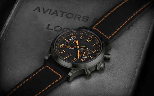 relógio cronógrafo cinzento redondo com bracelete de couro preto, aviação, relógio hamilton, relógio de pulso, HD papel de parede HD wallpaper
