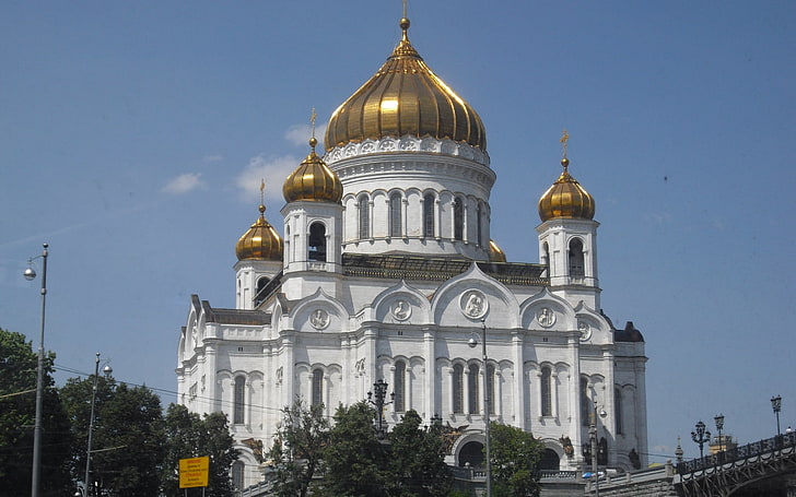 white and brass temple, cathedral of christ the saviour, moscow, white stone, HD wallpaper