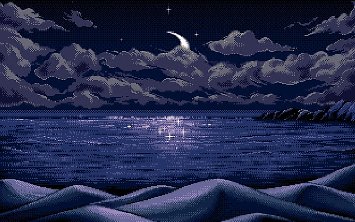 fond d'écran de la mer, art numérique, pixel art, pixels, lune, horizon, bleu, réflexion, nature, mer, nuages, collines, montagnes, nuit, étoiles, paysage, Fond d'écran HD